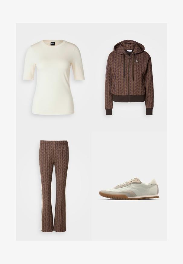 Hanorac maro cu fermoar, cu un model geometric pe întreaga suprafață, cu șnururi ajustabile, mansete ribbate și o margine contrastantă. Logo-ul Lacoste pe piept.; BOSS EFITA - Tricou basic - open yellow; Pantaloni evazați cu motive maroniu, cu un design texturat, prezintă dungi laterale. Brâu elastic pentru confort.; Adidași albi și bej, cu un design superior neted și accente de piele întoarsă, o talpă texturată și cusături tonale. Închidere cu șireturi, detaliu cu logo.