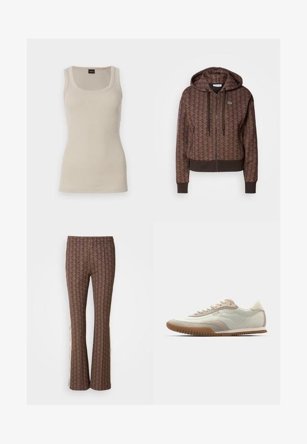 Ruskea vetoketjuhuppari, jossa on koko tekstuurilla oleva geometrinen kuvio, säädettävät nyörit, resorit hihansuissa ja erottuva helma. Lacoste-logo rinnassa.; Raitapintaliivi vaaleassa beige värissä, jossa on avara kaula-aukko. Edessä on hillitty 'BOSS' logo. Valmistettu pehmeästä ja joustavasta kankaasta.; Ruske kuvioidut leveälahkeiset housut, joissa on rakennekuvio. Sivusomisteet. Joustava vyötärö mukavuutta varten.; Valkoinen ja beige lenkkari, jossa on sileä päällinen ja keinonahkaiset yksityiskohdat, teksturoitu pohja ja sävy sävyyn ompelut. Nauhakiinnitys logo-yksityiskohdalla.