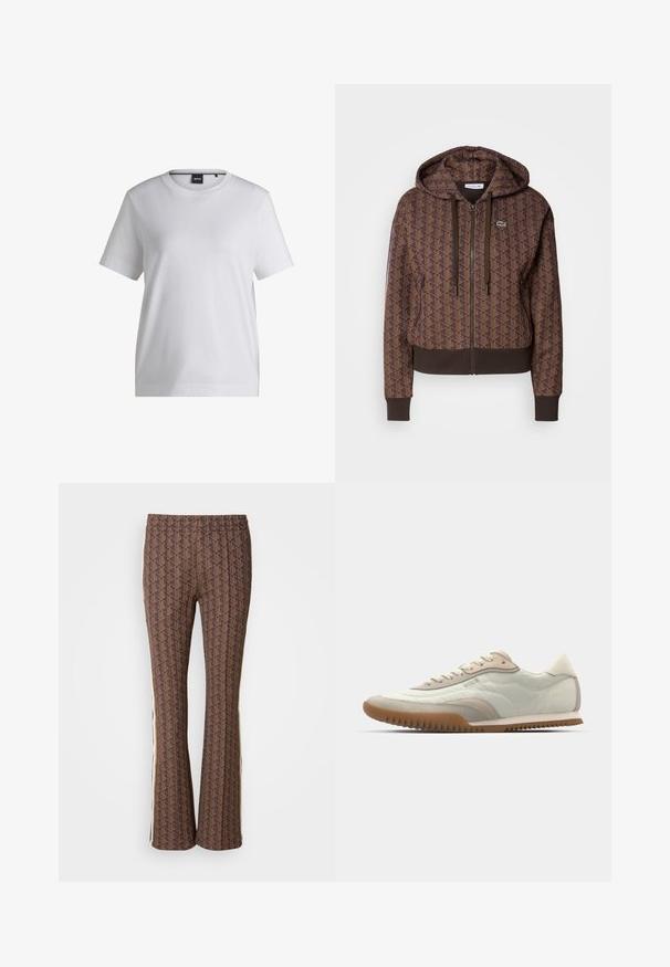 Brūns kapuce ar rāvējslēdzēju, kurai ir ģeometrisks raksts visā virsmā, regulējami aukliņu gali, ribotas aproces un kontrastējošs apakšmalas dizains. Lacoste logo uz krūšu.; Balta kokvilnas T-krekls ar apaļu dekoltē, īsām piedurknēm un brīvu piegriezumu. Uzgaļa tuvumā ir maza zīmola birka.; Brūnas ar rakstu platās bikses ar tekstūrētu dizainu, kurām ir sānu svītras. Elastīga jostasvieta komfortam.; Baltās un smilšu krāsas sporta apavi ar gludu augšdaļu un zamša akcentiem, teksturēta zole un tonālas šuves. Ar šņorēšanas aizdarēm un logo detaļu.