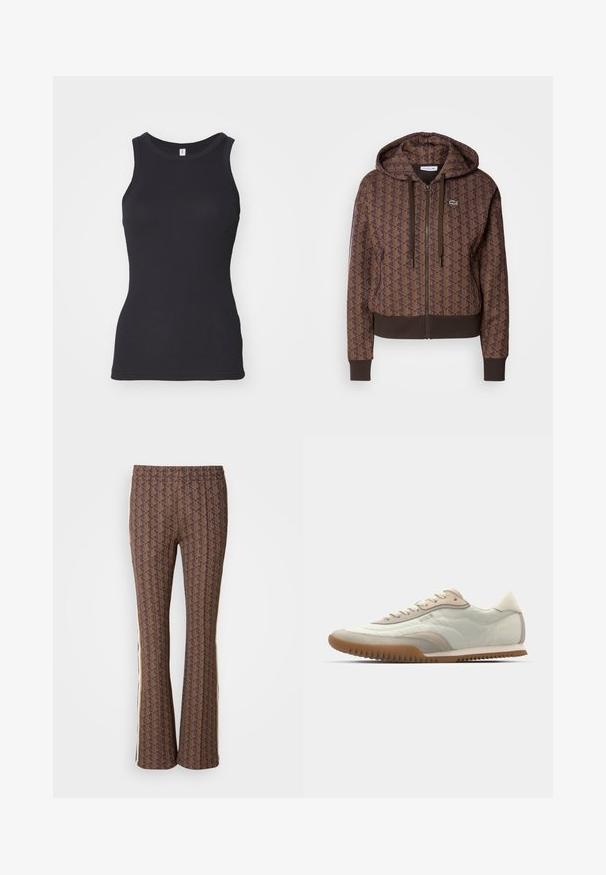 Felpa con zip di colore marrone caratterizzata da un motivo geometrico su tutta la superficie, cordini regolabili, polsini a coste e un orlo a contrasto. Logo Lacoste sul petto.; Top senza maniche di colore nero con scollo rotondo. Realizzato in morbido cotone, presenta una silhouette aderente e una superficie liscia.; Pantaloni svasati marroni con motivo e design testurizzato, caratterizzati da strisce laterali. Vita elasticizzata per il massimo comfort.; Sneaker bianco e beige con tomaia liscia e accenti in suede, suola textured e cuciture tono su tono. Chiusura a lacci con dettaglio del logo.