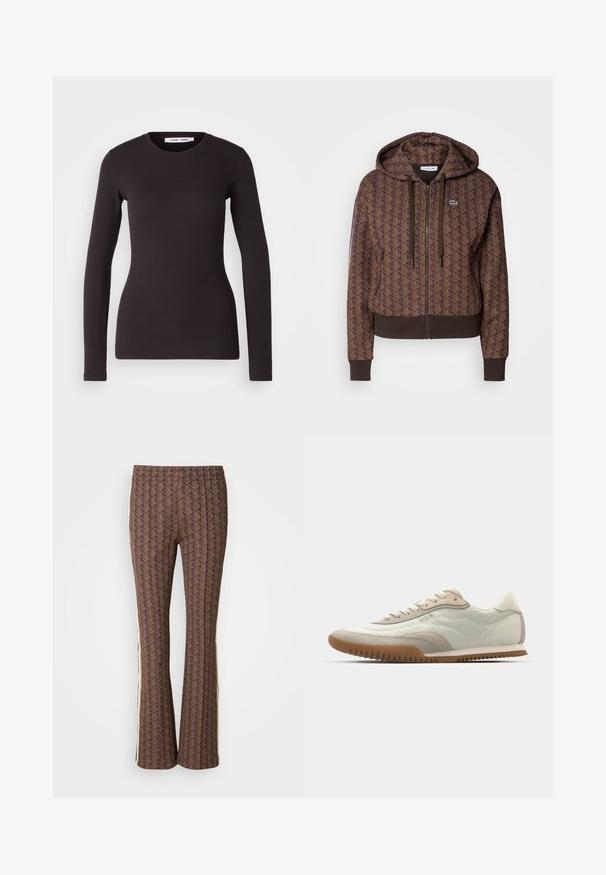 Brown zip-up hoodie featuring an all-over geometric pattern, adjustable drawstrings, ribbed cuffs, and a contrasting hem. Lacoste logo on chest.; Long-sleeve black top made of soft, stretchy fabric. Features a round neckline and slim fit with smooth texture and no visible patterns.; Brown patterned flared pants with a textured design, featuring side stripes. Elastic waistband for comfort.; White and beige sneaker featuring a smooth upper with suede accents, a textured sole, and tonal stitching. Lace-up closure with logo detail.