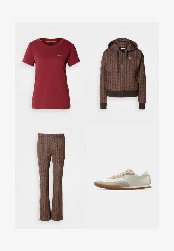 Barna cipzáras kapucnis pulóver, amelyet egy mindenhol jelen lévő geometrikus minta díszít, állítható húzózsinórokkal, bordás mandzsettákkal és kontrasztos szegéllyel rendelkezik. A mellrészen Lacoste logó található.; Bordó rövid ujjú póló puha pamutból, kerek nyakkivágással és egy kis fehér "Boss" logóval a mellkasán.; Barna, mintás, bővülő fazonú nadrág texturált dizájnnal, oldalsó csíkokkal. Rugalmas derékbőség a kényelem érdekében.; Fehér és bézs sportcipő sima felsőrésszel, velúr részletekkel, textúrált talppal és tonális varrással. Fűzős záródás logó részlettel.