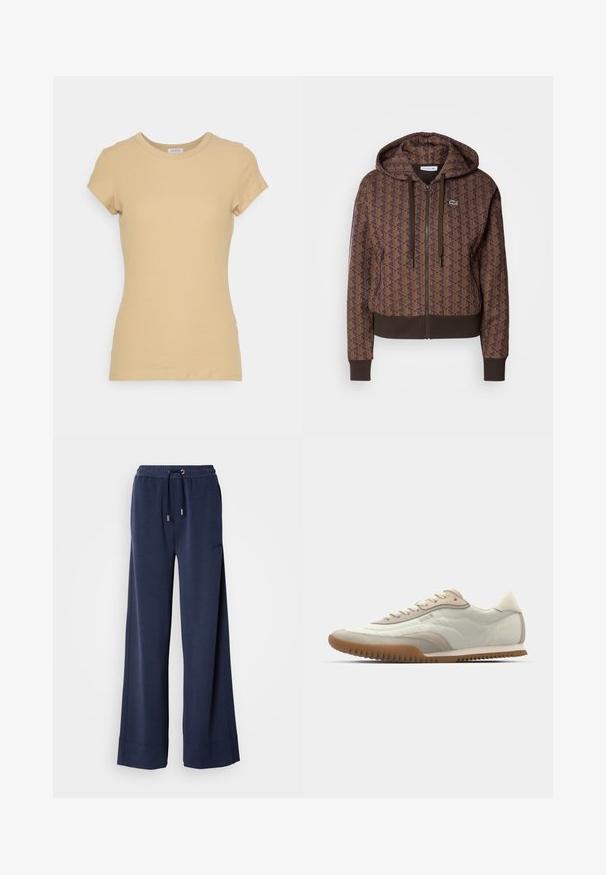 Sweatshirt com fecho éclair castanho, apresentando um padrão geométrico por toda a parte, cordões ajustáveis, punhos em ribana e uma barra contrastante. Logo da Lacoste no peito.; Filippa K FINE TEE - T-shirt básica - sand beige; Calças largas de marinheiro, feitas de tecido suave, com um cós elástico e cordão, além de detalhe de logó no lado esquerdo da perna.; Sapatilha branca e bege com umUpper suave e detalhes em camurça, sola texturizada e costura tonal. Fecho com atacadores e detalhe com logótipo.