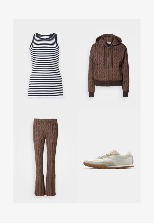 Pruun lukuga kapuutsiga särk, millel on kogu pinna ulatuses geomeetriline muster, reguleeritavad nöörid, ribakudumist mansetid ja kontrastne äär. Lacoste logo rinnal.; Tumesinise ja valge triibuline lõhikutele ilma varrukateta T-särk ümarate kaeluste ja ribakudumisega, millel on sobiv disain.; Pruunid mustrilised laiad püksid tekstureeritud disainiga, külgtriipudega. Mugavusele mõeldud elastne vöökoht.; Valge ja beež spordijalgpall, millel on sile ülaserv ja päevituse aktsendid, tekstureeritud tald ja tooni õmblused. Kinnitatud nööridega, millel on logo detail.