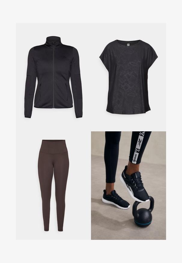 Fekete cipzáras dzseki magas gallérral, sima, rugalmas anyagból készült, elöl két cipzáras zsebbel és texturált ujakkal.; Fekete, rövid ujjas póló sima anyagból, diszkrét hüllőmintával, kerek nyakkal és laza fazonnal a kényelmes mozgás érdekében.; Barna, magas derekú leggings, elasztikus, sima anyagból készült. Illeszkedő kialakítással rendelkezik, látható varrások vagy minták nélkül.; Fekete sportcipők, textúrával ellátott felsőrésszel, fehér talppal és szürke akcentusokkal, egy fekete kettlebellre helyezve, kék csíkkal, semleges háttér előtt.