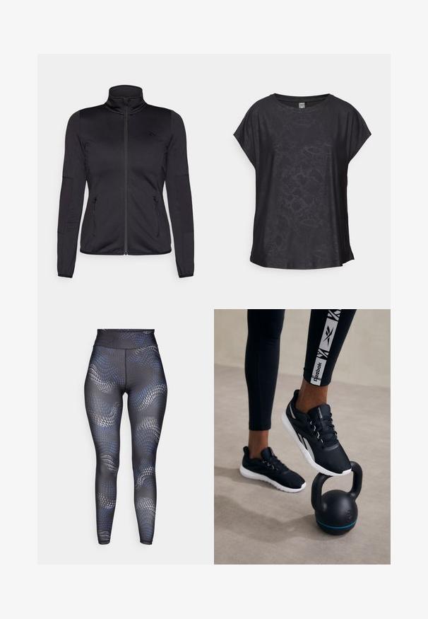 Zwarte zip-up jas met hoge kraag, gemaakt van een gladde, rekbare stof, met twee met rits gesloten voorzakken en gestructureerde mouwen.; Zwart kortmouwtop in een soepele stof, met een subtiel reptielpatroon, ronde hals en een losse pasvorm voor optimale bewegingsvrijheid.; Zwarte leggings met een golvend blauw en grijs patroon, hoge taille, gladde textuur en een figuurvormende pasvorm, ontworpen voor actieve kleding.; Zwarte sportieve schoenen met een gestructureerde bovenkant, witte zool en grijze accenten, geplaatst op een zwarte kettlebell met een blauwe streep, tegen een neutrale achtergrond.