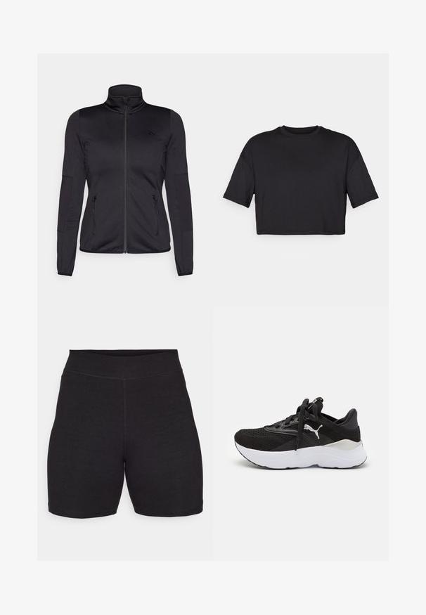 Svart zip-up jakke med høy krage, laget av glatt, elastisk stoff, med to glidelås-lommer foran og teksturerte ermer.; Svart kort t-skjorte laget av myk stoff, med rund halslinning og korte, brede ermer, med et enkelt, sømløst design.; Sorte sykkelshorts med høy midje, laget av elastisk og myk stoff. Har flate sømmer og en glatt tekstur for komfort.; Svart atletisk sneakersko med mesh-overdel, hvit såle, rund tå og snøring. Har fremtredende logo på siden og teksturerte detaljer.