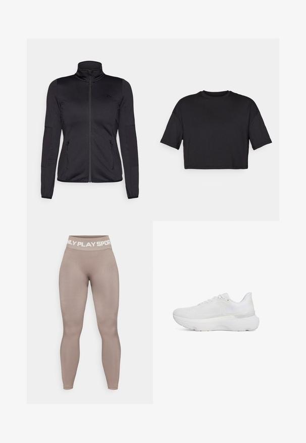 Schwarze Zip-Jacke mit hohem Kragen, gefertigt aus glattem, dehnbarem Material, mit zwei vorderen Reißverschlusstaschen und strukturierten Ärmeln.; Schwarzes, kurzes T-Shirt aus weichem Stoff, mit einem runden Ausschnitt und kurzen, weiten Ärmeln, in einem schlichten, nahtlosen Design.; Hoch-taillierte, braune Leggings aus dehnbarem Stoff mit glatter Textur; mit weißem Aufdruck am Bund, der "ONLY PLAY SPORT" liest.; Weiße Sportschuh mit einem strukturierten Mesh-Obermaterial, gepolstertem Kragen, dämpfender Sohle und minimalistischen Design mit tonal abgestimmten Akzenten.