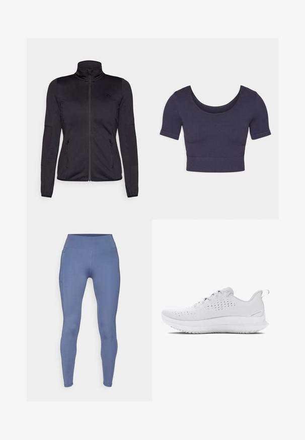 Musta vetoketjullu takki korkealla kauluksella, valmistettu sileästä ja joustavasta kankaasta, jossa on kaksi vetoketjullista etutaskua ja teksturoituja hihoja.; Laikapisto navy väri crop-top lyhyillä hihoilla, joka on valmistettu ribatusta kankaasta. Varustettu pyöreällä kaula-aukolla ja tiukalla muotoilulla.; ONLY Play ONPJAM-2-FONT - Trikoot - vintage indigo; Vaaleanharmaat urheilukengät, joissa on teksturoitu päällinen, rei'itykset hengittävyyden parantamiseksi ja kumipohja, jossa on erottuva kuvio.