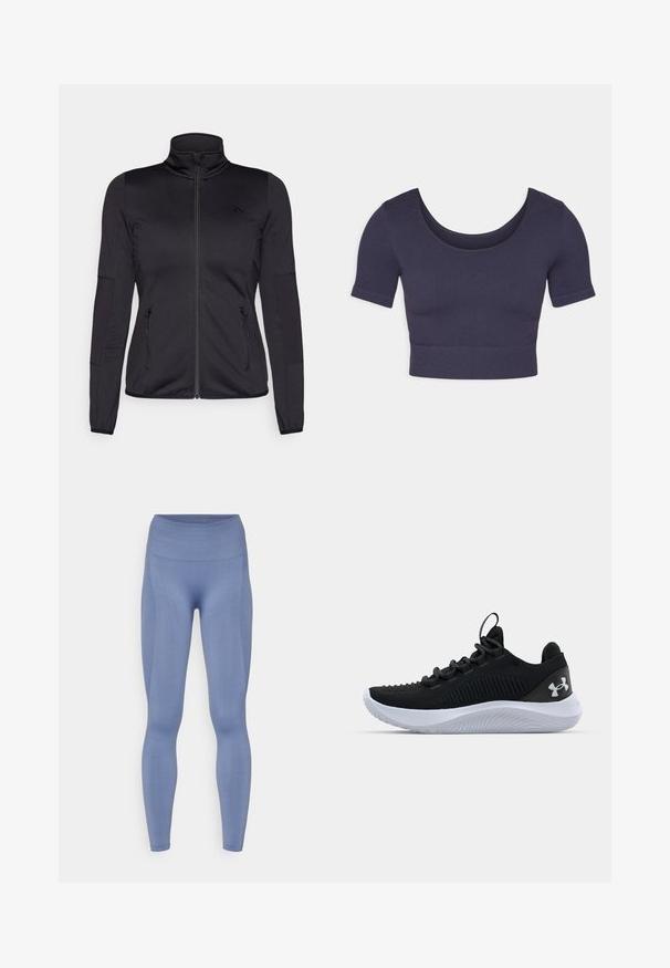 Melns zip-up jakas ar augstu apkakli, izgatavota no gludas, elastīgas auduma, ar divām kabatām priekšpusē ar rāvējslēdzējiem un teksturētām piedurknēm.; Maroona īsā krekliņa augšdaļa ar īsām piedurknēm, izgatavota no ribota auduma. Iezīmēta ar noapaļotu kakla izgriezumu un pieguļošu siluetu.; Augstas jostasvietas legingi no viendabīgas gaiši zilas auduma. Gluda tekstūra ar pieguļošu dizainu, kas sašaurinās pie potītēm. Nav redzamu rakstu vai akcentu.; Melnas sporta kurpes ar elpojošu acs augšdaļu, teksturētu detaļu un baltu gumijas zoli. Aprīkotas ar plakanām šņorēm un papēža cilpu.