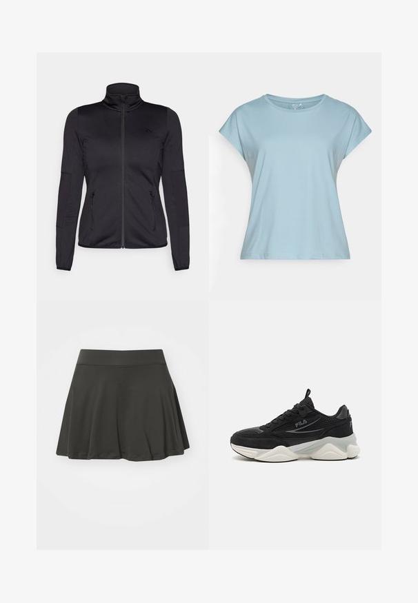 Fekete cipzáras dzseki magas gallérral, sima, rugalmas anyagból készült, elöl két cipzáras zsebbel és texturált ujakkal.; Világoskék, rövid ujjú póló, puha anyagból készült. Kerek nyakkivágással, laza szabással és varrott szegélyekkel rendelkezik. Minták vagy díszítések nélkül.; Fekete, bővülő szoknya könnyű anyagból, sima, rugalmas derékkal, szegélyezett szélekkel és puha textúrával.; Fekete sportcipők hálós és velúr anyagból, vastag talppal, kerek formával, diszkrét szürke részletekkel és logóval az oldalon.