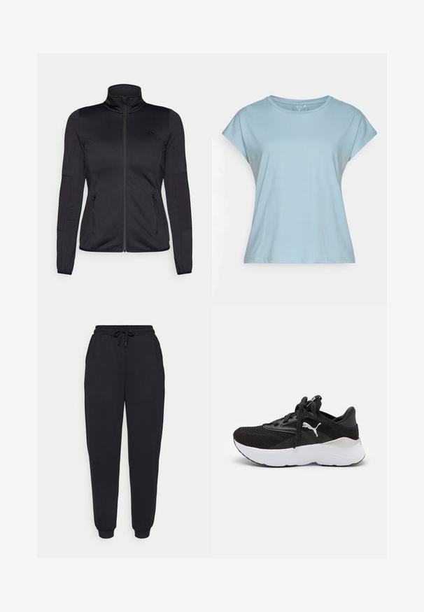 Must ehk üles tõmmatav jakk, millel on kõrge krae, valmistatud siledast ja venivast kangast, millel on kaks lukuga esikotid ja tekstureeritud varrukad.; Hele sinine lühikeste varrukatega T-särk, mis on valmistatud pehmest kangast. Omab ümarat kaelust, vabalt langevat lõiget ja õmmeldud ääri. Ilma mustrite ja kaunistusteta.; Mustasid puuvillased treeningpüksid elastse vöökoha, reguleeritava nööriga, küljetaskutega ja ribakudumiste otstega. Sile tekstuur, juhuslik disain.; Mustad mustus spordialane toss, millel on võrkmaterjalist ülemine osa, valge vaheosa, ümmargune varvas ja nööridega sulgemine. Omab silmapaistvat logo küljes ja tekstureeritud aktsente.