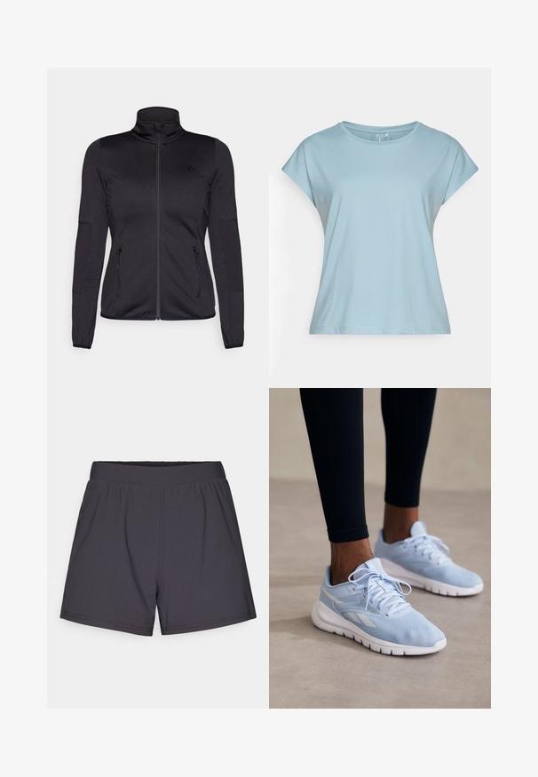 Musta vetoketjullu takki korkealla kauluksella, valmistettu sileästä ja joustavasta kankaasta, jossa on kaksi vetoketjullista etutaskua ja teksturoituja hihoja.; Vaaleansininen lyhythihainen t-paita, joka on valmistettu pehmeästä kankaasta. Ominaisuuksiin kuuluu pyöreä pääntie, rento malli ja ommellut reunat. Ei kuvioita tai koristeluja.; Mustat urheilusortsit, jotka on valmistettu kevyestä, joustavasta kankaasta. Sisältää joustavyöhön ja yksinkertaisen, koristelemattoman muotoilun.; Vaaleansiniset urheilusukat, joissa on verkkokangas, pehmustettu kaulus ja valkoinen pohja. Mukana nauhat ja sivuviivat kontrastivalkoisina.
