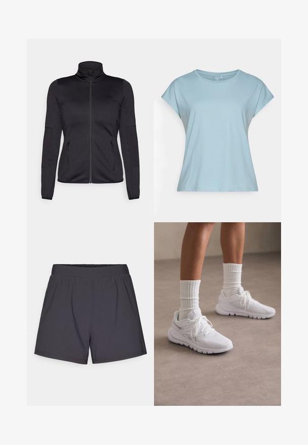 Svart zip-up jakke med høy krage, laget av glatt, elastisk stoff, med to glidelås-lommer foran og teksturerte ermer.; Lyseblå t-skjorte med korte ermer laget av mykt stoff. Har rund hals, avslappet passform og sømmer. Ingen mønstre eller dekorasjoner.; Svarte idrettsshorts laget av lett, elastisk stoff. Har en elastisk midje og et enkelt, uornamentert design.; Hvite treningsko med teksturert stoff, snøring og sølvdetaljer, kombineres med hvite ribbestrikkede sokker, satt mot et nøytralt gulv.