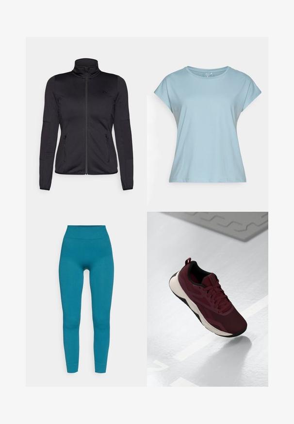 Jachetă neagră cu fermoar, cu guler înalt, confecționată dintr-un material neted și elastic, având două buzunare frontale cu fermoar și mâneci texturate.; Cămașă scurtă de culoare albastru deschis, realizată dintr-un material moale. Dispune de un guler rotund, croială lejeră și tivuri cusute. Fără modele sau broderii.; Colanți turcoaz cu dungi, având o talie înaltă, cu un design ajustat și țesătură elastică. Fără modele vizibile sau accente suplimentare.; Shoe sportiv maron cu parte superioară din plasă, accente negre și o talpă albă cu amortizare. Prezintă închidere cu șireturi și un manșon la călcâi.