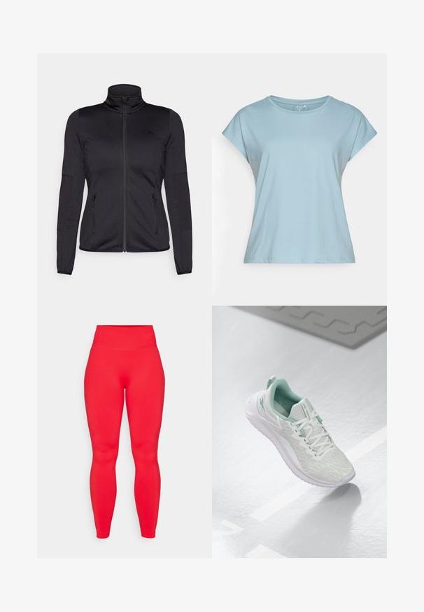 Veste noire zippée avec un col haut, fabriquée à partir d'un tissu lisse et extensible, dotée de deux poches avant zippées et de manches texturées.; T-shirt à manches courtes bleu clair fabriqué en tissu doux. Il présente un col rond, une coupe décontractée et des ourlets cousus. Aucun motif ni embellissement.; Leggings rouges taille haute en tissu extensible, avec une texture lisse et un design ajusté qui s'affine aux chevilles.; Baskets de sport gris clair avec un dessus en maille texturée, accents vert menthe, lacets blancs, semelle en caoutchouc et une languette au talon.