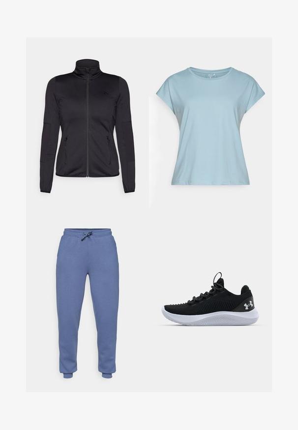 Črna jakna na zadrgo z visokim ovratnikom, izdelana iz gladkega, raztegljivega materiala, z dvema sprednjima žepoma na zadrgo in teksturiranimi rokavi.; Svjetloplavi majica kratkih rukava izrađena od mekog materijala. Ima okrugli izrez, opušteni kroj i šavovane rubove. Nema uzoraka ni ukrasa.; ONLY Play ONPLOUNGE LIFE REG NOOS - Spodnji deli trenirk - vintage indigo; Črne športne copate z zračnim mrežastim zgornjim delom, strukturnimi detajli in belo gumijasto podplat. Imajo ravne vezalke in zanko na peti.