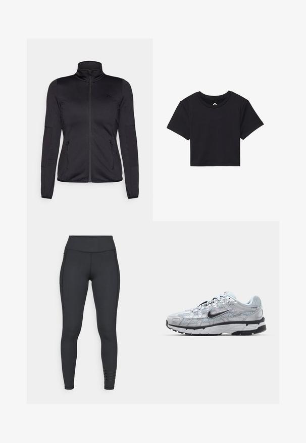 Black zip-up jacket with a high collar, constructed from smooth, stretchy fabric, featuring two zippered front pockets and textured sleeves.; Black cropped t-shirt with short sleeves, round neckline, made of smooth fabric. Minimalist design with no visible patterns or accents.; Black leggings made from stretchy material, featuring a high waistband, sleek design, and striped accent details near the ankle.; Nike P-6000 sneakers with a light grey mesh upper, black accents, and a durable black rubber sole. Features intricate design and lacing system.