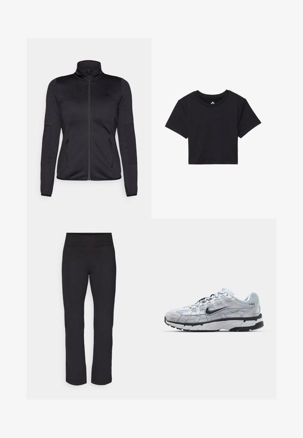 Zwarte zip-up jas met hoge kraag, gemaakt van een gladde, rekbare stof, met twee met rits gesloten voorzakken en gestructureerde mouwen.; Zwarte cropped t-shirt met korte mouwen, ronde halslijn, gemaakt van gladde stof. Minimalistisch ontwerp zonder zichtbare patronen of accenten.; Zwarte leggings van een gladde, rekbare stof met een brede tailleband. Ze hebben rechte, volle lengtes en geen zichtbare patronen of accenten.; Nike P-6000 sneakers met een lichtgrijze mesh bovenkant, zwarte accenten en een duurzame zwarte rubberen zool. Kenmerkt zich door een ingewikkeld ontwerp en vetersysteem.