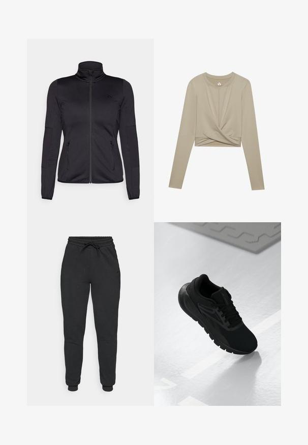 Čierna zipsová bunda s vysokým golierom, vyrobená z hladkého, elastického materiálu, so zipsovými prednými vreckami a štruktúrovanými rukávmi.; Svetlo béžový crop top s dlhým rukávom a skrúteným predným dizajnom, vyrobený z hladkej tkaniny. Má okrúhly výstrih a priliehavé rukávy.; Čierne tepláky vyrobené z mäkkého bavlneného zmesi, s elastickým pásom a šnúrkou na stiahnutie, s manžetami na členkoch a diskrétnym bočným brandingom.; Čierna atletická obuv s sieťovaným vrchom, okrúhlou špičkou, polstrovanou podrážkou a textúrovanými detailami, umiestnená na hladkom bielom povrchu.