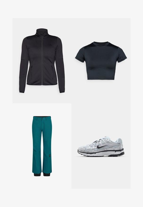 Juoda zip-up striukė su aukštu apykakle, pagaminta iš lygaus, elastingo audinio, turinti dvi užtrauktukais uždaromas priekinės kišenes ir tekstūruotas rankoves.; Tamsiai mėlynas trumpomis rankovėmis crop topas, pagamintas iš lygaus, tamprios medžiagos. Suapvalinta iškirptė ir minimalūs siuvimo detalės. Logotipų nėra.; Mėlynos sniego kelnės su laisvu apipavidalinimu, su juodu liemeniu ir apatiniais kraštais. Medžiaga yra tvirta su subtilia tekstūra ir šoniniu logotipo ženklu.; Nike P-6000 sportbačiai su šviesiai pilku tinkleliu, juodais akcentais ir patvariu juodu guminėm padais. Yra sudėtingas dizainas ir raištelių sistema.