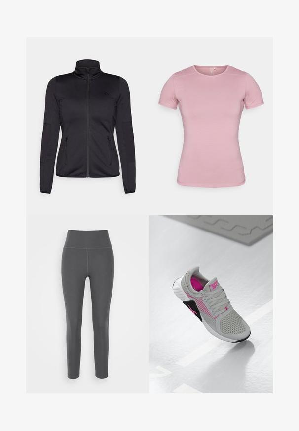 Fekete cipzáras dzseki magas gallérral, sima, rugalmas anyagból készült, elöl két cipzáras zsebbel és texturált ujakkal.; Rövid ujjú, puha rózsaszín póló, texturált anyagból, testhez simuló fazonnal. Kerek nyakkivágással és díszítés nélküli standard aljúval rendelkezik.; Szürke, magas derekú leggings, rugalmas, sima anyagból, lapos varrásokkal és testhezálló kialakítással, aktív vagy mindennapi viselethez egyaránt alkalmas.; Szürke és rózsaszín Reebok sportcipő, hálós felső résszel és részletes talppal, tükröződő fehér felületen kiállítva.
