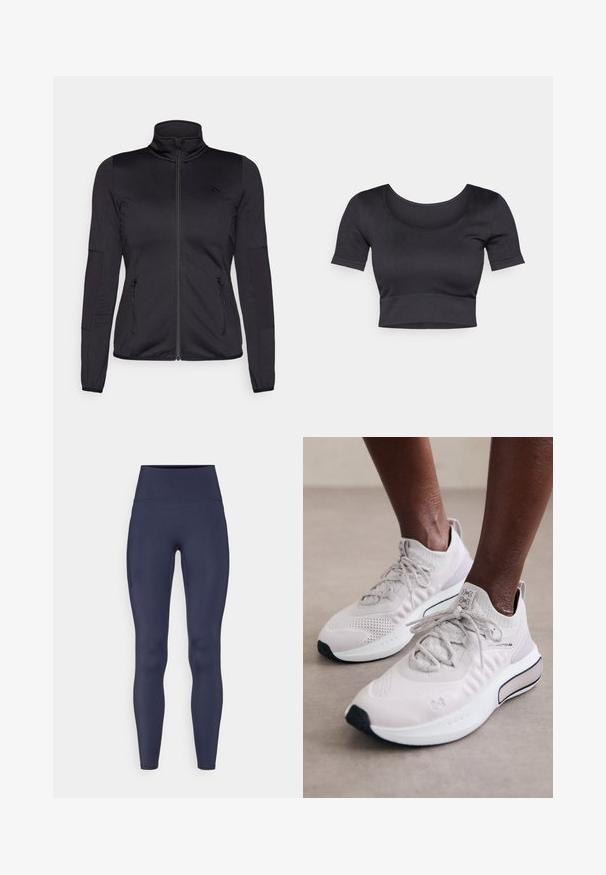 Jaqueta preta com fecho éclair e gola alta, feita de um tecido liso e elástico, apresentando dois bolsos frontais com fecho éclair e mangas texturizadas.; Top curto preto com nervuras, mangas curtas, decote redondo largo e uma faixa ajustada na parte inferior. Textura suave, design casual.; Leggings azul-marinho feitos de um tecido elástico, com uma cintura alta e um bolso lateral. Textura suave com um design ajustado.; Tênis atléticos cinza claro com parte superior em malha texturizada, sola acolchoada e detalhes pretos, projetados para conforto e desempenho.