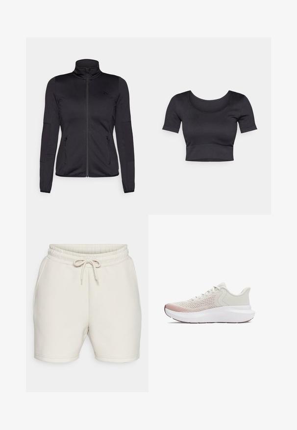 Must ehk üles tõmmatav jakk, millel on kõrge krae, valmistatud siledast ja venivast kangast, millel on kaks lukuga esikotid ja tekstureeritud varrukad.; Must have rõngaste ja lühikeste varrukatega must ribakujundusega topsi, millel on lai ümar dekoltee ja madal vöökoht. Pehme tekstuur, juhuslik disain.; ONLY Play ONPLOUNGE LIFE - Spordišortsid - pumice stone; Kerged sportlikud jalanõud hingava valge sissetöödeldud võrgu pealmise osaga, gradient roosa aktsendiga ja paksu valge tallaga, millel on tekstuuriga detailid.