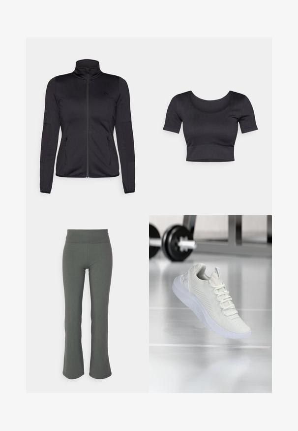 Czarna kurtka na zamek z wysokim kołnierzem, wykonana z gładkiego, elastycznego materiału, posiadająca dwie kieszenie z przodu na zamek oraz fakturowane rękawy.; Czarny prążkowany krótki top z krótkimi rękawami, szerokim okrągłym dekoltem i dopasowanym paskiem na dole. Miękka tekstura, casualowy design.; Rozszerzane legginsy w stonowanym zielonym kolorze, wykonane z miękkiego, elastycznego materiału z wysokim pasem i bez widocznych wzorów czy akcentów.; Białe sportowe sneakersy z teksturowaną siateczką u góry i systemem sznurowania, charakteryzujące się wyściełaną białą podeszwą oraz subtelnymi żeberkowymi akcentami.
