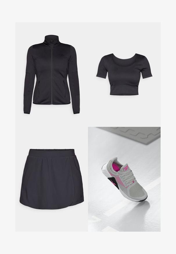 Μαύρο φούτερ με φερμουάρ και ψηλό λαιμό, κατασκευασμένο από λεία, ελαστική ύλη, με δύο μπροστινές τσέπες με φερμουάρ και υφασμάτινα μανίκια.; Μαύρο ριχτό κοντό τοπ με κοντά μανίκια, φαρδύ στρογγυλό λαιμό και εφαρμοστό λάστιχο στο κάτω μέρος. Μαλακή υφή, χαλαρός σχεδιασμός.; ONLY Play ONPTIP SKORT - Αθλητικό σορτς - black; Γκρίζα και ροζ αθλητικά παπούτσια Reebok με διχτυωτό επάνω μέρος και λεπτομερές πάτο, εκτεθειμένα σε μια ανακλαστική λευκή επιφάνεια.
