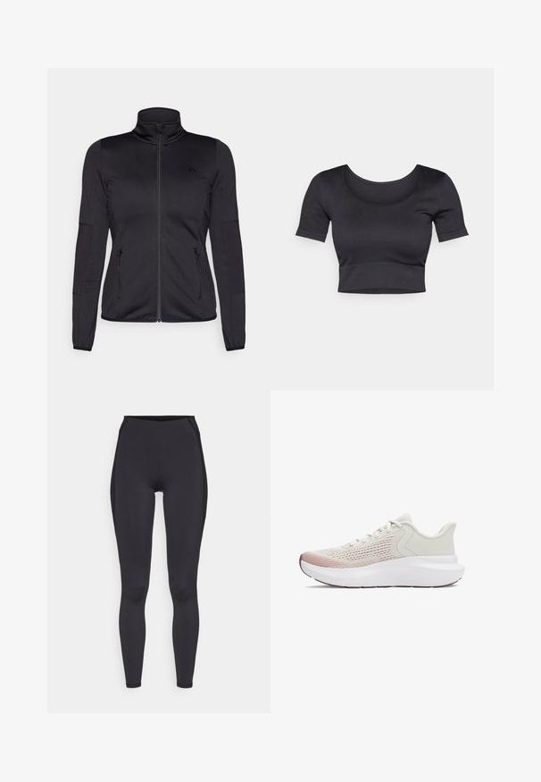 Melns zip-up jakas ar augstu apkakli, izgatavota no gludas, elastīgas auduma, ar divām kabatām priekšpusē ar rāvējslēdzējiem un teksturētām piedurknēm.; Melnas ribotas īsās piedurknes apgrieztais tops ar plašu apaļu dekoltē un pieguļošu joslu apakšā. Maiga tekstūra, ikdienišķs dizains.; Melnas augsta vidukļa legingi, kas izgatavoti no elastīga materiāla. Iezīmē gludu faktūru, šauru piegriezumu un smalkus šuvju akcentus gar malām.; Vieglie sporta apavi ar elpojošu baltu sietu augšdaļu, gradienta rozā akcentiem un biezu baltu zoli ar teksturētu apdari.