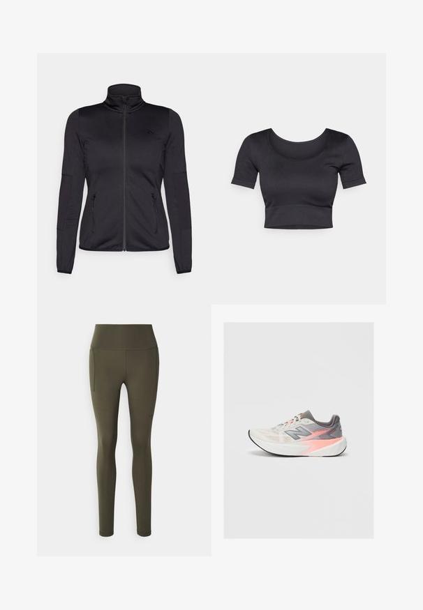 Black zip-up jacket with a high collar, constructed from smooth, stretchy fabric, featuring two zippered front pockets and textured sleeves.; Black ribbed cropped top with short sleeves, wide round neckline, and a fitted band at the bottom. Soft texture, casual design.; Dark olive green leggings made from a stretchy, smooth fabric. Features a high waistband and a side pocket for convenience.; Light gray and pink New Balance running shoe with thick white sole and black outsole, side view on plain background.
