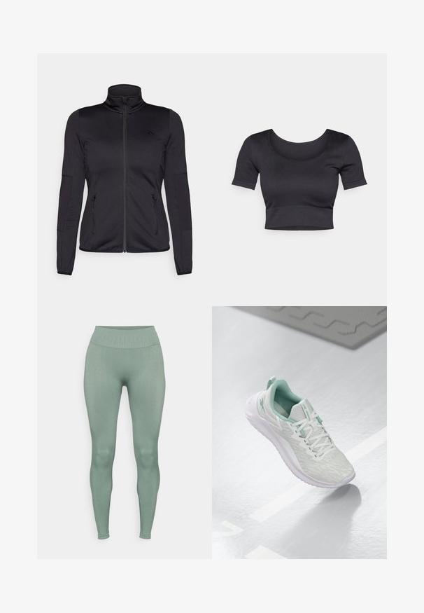 Jachetă neagră cu fermoar, cu guler înalt, confecționată dintr-un material neted și elastic, având două buzunare frontale cu fermoar și mâneci texturate.; Top crogat negru cu nervuri, cu mâneci scurte, guler larg rotund și o bandă ajustată la baza acestuia. Textură moale, design casual.; Leggings strâmte, elastice, de culoare verde estompată, cu un talie înaltă texturată. Textură netedă, fără modele sau accente vizibile.; Pantof de sport gri deschis, cu un material tricotat texturat, accente verde menta, șireturi albe, talpă din cauciuc și o bucată pentru tragere la călcâi.