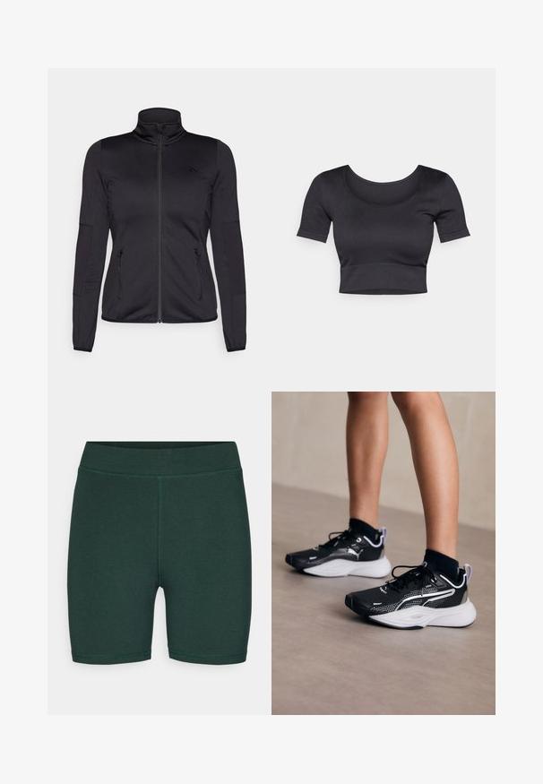 Chaqueta negra con cremallera y cuello alto, confeccionada en un tejido liso y elástico, que cuenta con dos bolsillos delanteros con cremallera y mangas con textura.; Top corto negro de canalé con mangas cortas, cuello redondo amplio y una banda ajustada en la parte inferior. Textura suave, diseño informal.; ONLY Play ONPNOON LIFE SHORTS - Leggings - scarab; Zapatillas deportivas negras con acentos blancos, parte superior de malla, cordones y talón acolchado. Cuenta con una suela texturizada para mayor tracción.