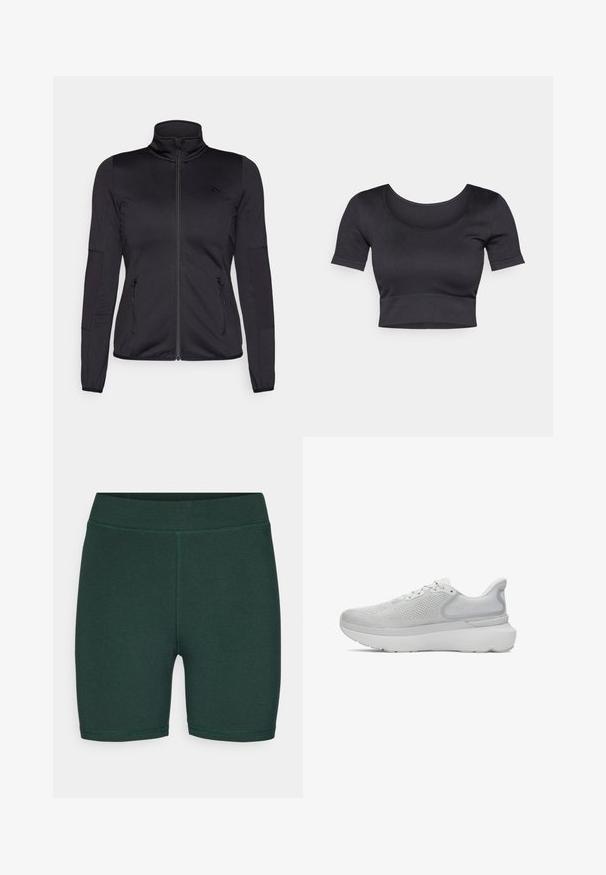 Sort zip-jakke med høj krave, fremstillet af glat, strækbart stof, med to lynlåslommer foran og strukturerede ærmer.; Sort ribbet cropped top med korte ærmer, bred rund halsudskæring og en tætsiddende kant i bunden. Blød tekstur, afslappet design.; ONLY Play ONPNOON LIFE SHORTS - Tights - scarab; Lys grå sportsko med en åndbar mesh-overdel, rund tå, polstret sål og subtil branding på hælen.