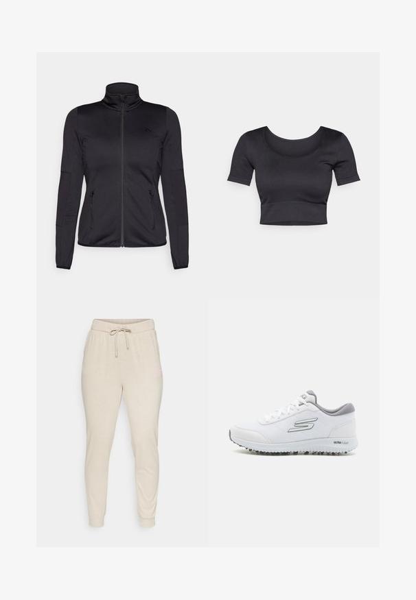 Fekete cipzáras dzseki magas gallérral, sima, rugalmas anyagból készült, elöl két cipzáras zsebbel és texturált ujakkal.; Fekete bordás, rövid ujjú cropped top, széles, kerek nyakkivágással és illeszkedő pánttal az alján. Puha textúra, laza dizájn.; Bézs színű, puha anyagból készült melegítőnadrág, rugalmas derékkal, húzózsinórral és bordás mandzsettákkal. Kicsi, rózsaszín logó részlet az oldalon.; Fehér sportcipők texturált hálós felsőrésszel, ezüst részletekkel és könnyű talppal, amelyen kis tapadószögek találhatók, "ULTRA FLIGHT" felirattal.