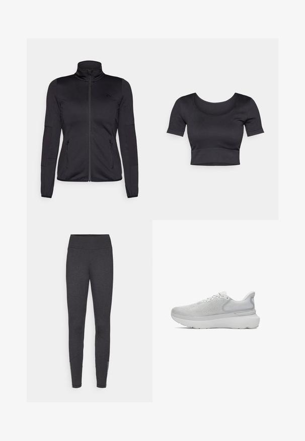 Chaqueta negra con cremallera y cuello alto, confeccionada en un tejido liso y elástico, que cuenta con dos bolsillos delanteros con cremallera y mangas con textura.; Top corto negro de canalé con mangas cortas, cuello redondo amplio y una banda ajustada en la parte inferior. Textura suave, diseño informal.; Leggings de color gris oscuro con una cinturilla alta, fabricados con tejido elástico, que cuentan con cremalleras laterales en los tobillos y una textura suave.; Zapatilla deportiva de color gris claro con parte superior de malla transpirable, puntera redondeada, suela acolchada y un sutil logotipo en el talón.