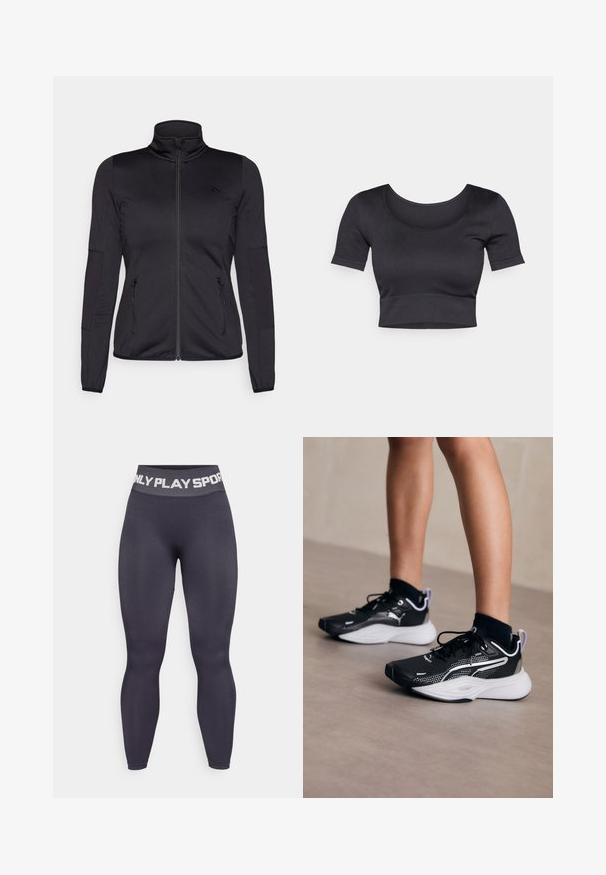 Melns zip-up jakas ar augstu apkakli, izgatavota no gludas, elastīgas auduma, ar divām kabatām priekšpusē ar rāvējslēdzējiem un teksturētām piedurknēm.; Melnas ribotas īsās piedurknes apgrieztais tops ar plašu apaļu dekoltē un pieguļošu joslu apakšā. Maiga tekstūra, ikdienišķs dizains.; Augstās vidukļa tumši pelēkas legingi ar stiepīgu audumu, kas ir aprīkoti ar platu jostu, uz kuras melnā krāsā ir uzraksts "ONLY PLAY SPORT" kontrastējošā baltā burtos.; Melnas sporta kurpes ar baltajiem akcentiem, acs augšdaļa, auklas un amortizēta papēža daļa. Izceļas ar teksturētu zoli labākai saķerei.