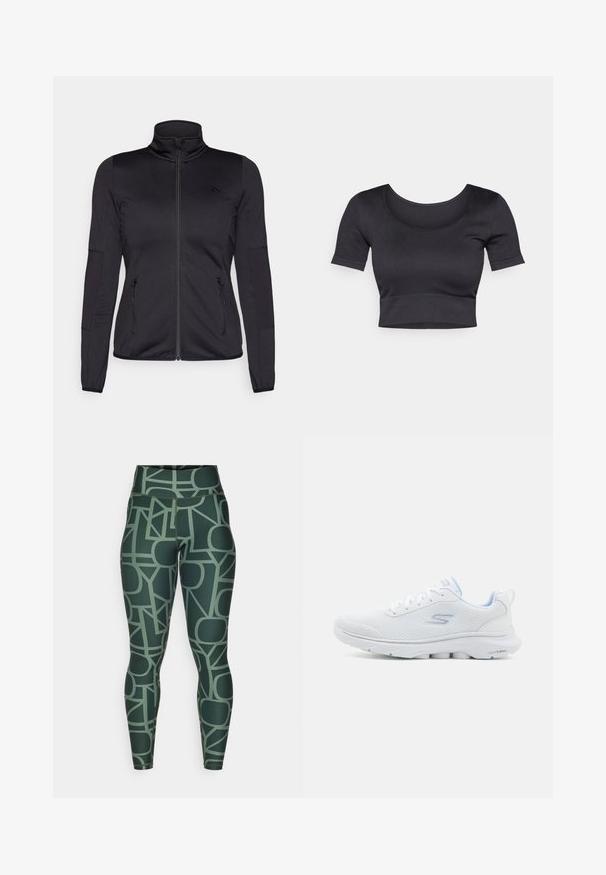 Czarna kurtka na zamek z wysokim kołnierzem, wykonana z gładkiego, elastycznego materiału, posiadająca dwie kieszenie z przodu na zamek oraz fakturowane rękawy.; Czarny prążkowany krótki top z krótkimi rękawami, szerokim okrągłym dekoltem i dopasowanym paskiem na dole. Miękka tekstura, casualowy design.; Legginsy w kolorze zielonym z wysokim stanem, ozdobione geometrycznym wzorem w stonowanych tonach. Wykonane z elastycznego, gładkiego materiału o dopasowanym kroju.; Białe sportowe buty z oddychającą siateczką u góry, jasnoniebieskimi akcentami i amortyzowaną podeszwą z teksturowanym wzorem grip.