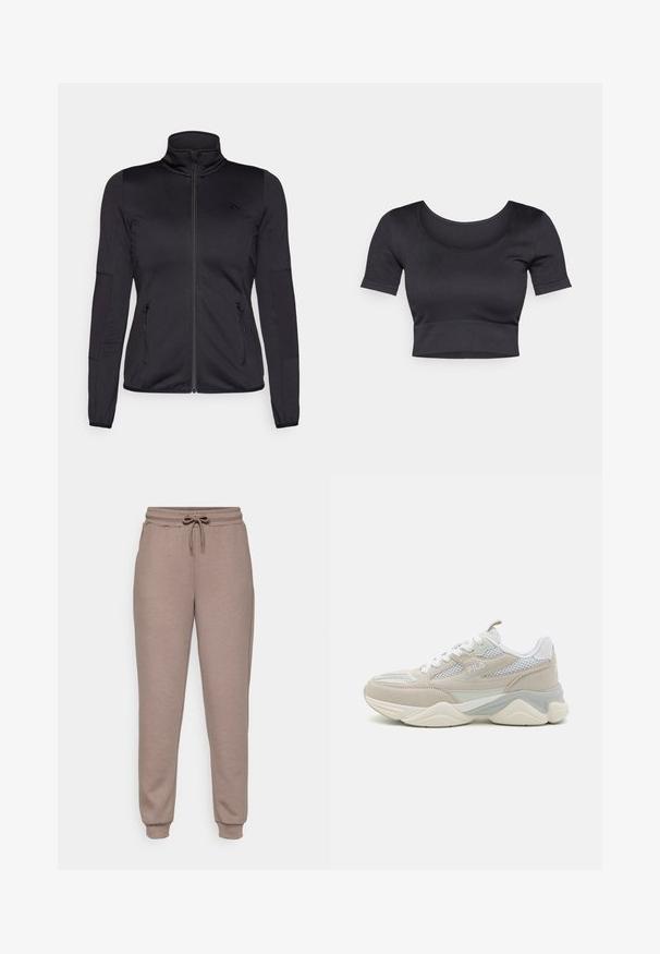 Svart zip-up jakke med høy krage, laget av glatt, elastisk stoff, med to glidelås-lommer foran og teksturerte ermer.; Svart ribbestrikket cropped topp med korte ermer, vid rund halslinning og en tettsittende kant nederst. Myk tekstur, uformell design.; ONLY Play ONPLOUNGE LIFE - Joggebukse - brown; Beige og hvite joggesko laget av semsket lær og mesh, med en kraftig såle, snøring, og en logo på siden.