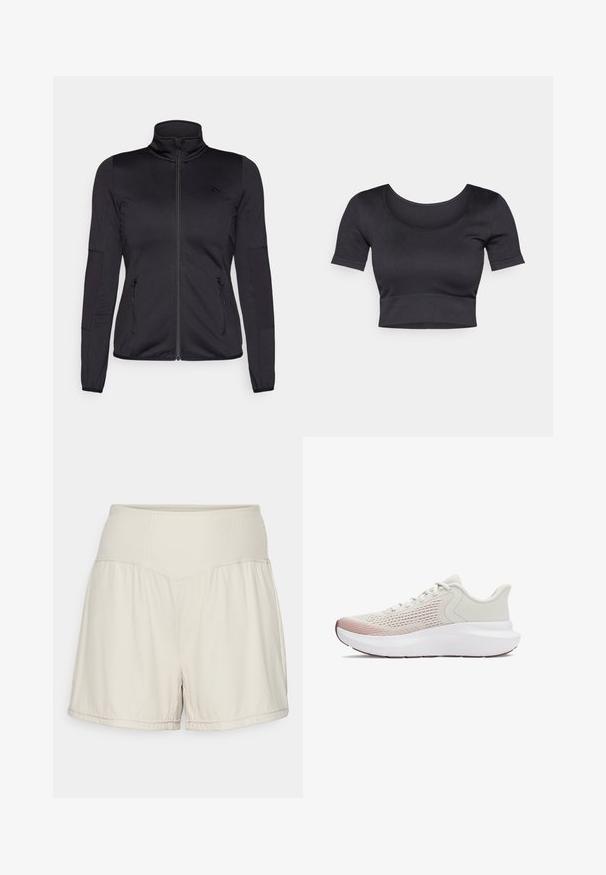 Musta vetoketjullu takki korkealla kauluksella, valmistettu sileästä ja joustavasta kankaasta, jossa on kaksi vetoketjullista etutaskua ja teksturoituja hihoja.; Mustan ribattu lyhythihainen crop-top, jossa on leveä pyöreä pääntie ja tiukka vyötäröosa. Pehmeä rakenne, rento suunnittelu.; Vaaleanbeiget shortsit, joissa on teksturoidut ribbivyötärö, virtaava muotoilu ja rento istuvuus. Varustettu neulottu lahkeiden reunoilla ja sivuaukkoilla joustavuuden lisäämiseksi.; Kevyet urheilujalkineet, joissa on hengittävä valkoinen verkko-osa, graadit pinkkejä yksityiskohtia ja paksu valkoinen pohja, jossa on teksturoitua yksityiskohtaa.