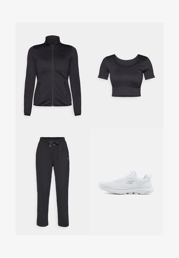 Čierna zipsová bunda s vysokým golierom, vyrobená z hladkého, elastického materiálu, so zipsovými prednými vreckami a štruktúrovanými rukávmi.; Čierny rebrovaný krátky top s krátkymi rukávmi, širokým okrúhlym výstrihom a fitted pásom na dne. Mäkká textúra, ležérny dizajn.; ONLY Play ONPPENNY LIFE BRUSH - Tepláky - black detail/silver; Biele športové topánky s priedušnou sieťovinou, svetlo modrými akcentmi a polstrovanou podrážkou s textúrovaným gripom.
