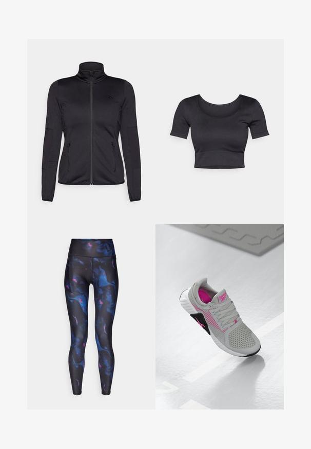 Giacca zip-up nera con colletto alto, realizzata in un tessuto liscio e elasticizzato, dotata di due tasche frontali con zip e maniche strutturate.; Top corto a coste nero con maniche corte, scollatura rotonda ampia e fascia aderente nella parte inferiore. Tessuto morbido, design informale.; ONLY Play ONPJAM-2-SUELLA - Leggings - black/nightsky; Sneaker atletica Reebok grigia e rosa con tomaia in mesh e suola dettagliata, esposta su una superficie bianca riflettente.