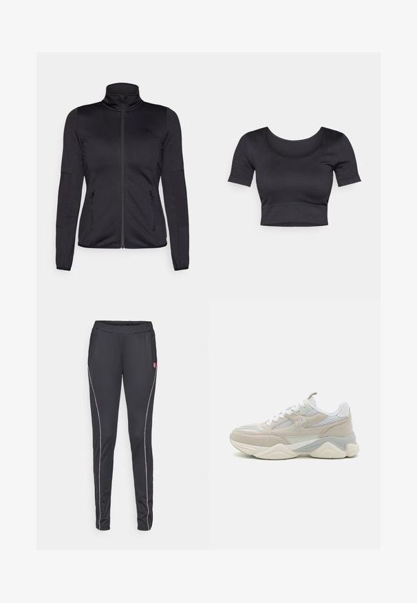 Svart zip-up jakke med høy krage, laget av glatt, elastisk stoff, med to glidelås-lommer foran og teksturerte ermer.; Svart ribbestrikket cropped topp med korte ermer, vid rund halslinning og en tettsittende kant nederst. Myk tekstur, uformell design.; Svart treningsbukser med elastisk midje, med hvit og rød kanting i sidene og to sidelommer. Glatt, elastisk stoff.; Beige og hvite joggesko laget av semsket lær og mesh, med en kraftig såle, snøring, og en logo på siden.