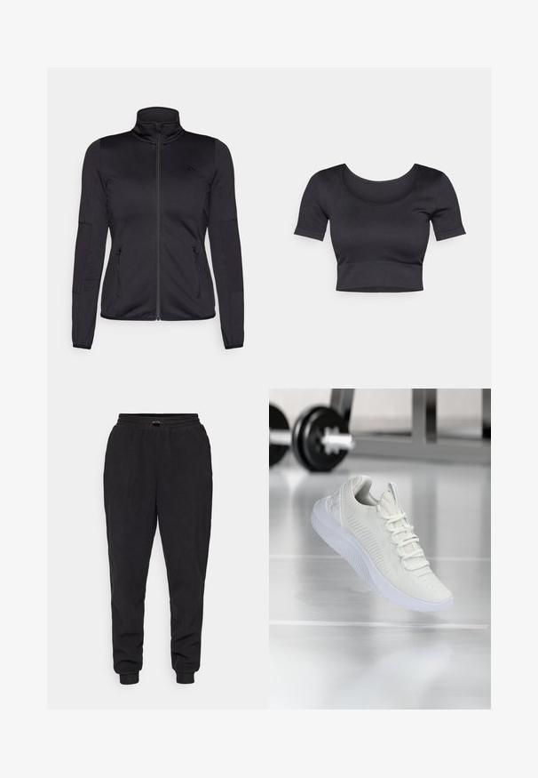 Fekete cipzáras dzseki magas gallérral, sima, rugalmas anyagból készült, elöl két cipzáras zsebbel és texturált ujakkal.; Fekete bordás, rövid ujjú cropped top, széles, kerek nyakkivágással és illeszkedő pánttal az alján. Puha textúra, laza dizájn.; Fekete sportnadrág puha anyagból, laza szabással, elasztikus derékkal és állítható zsinórral, valamint passzékkal a bokán.; Fehér sportcipő, texturált hálós felsőrésszel és fűzős rendszerrel, párnázott fehér talppal és finom bordázott részletekkel.