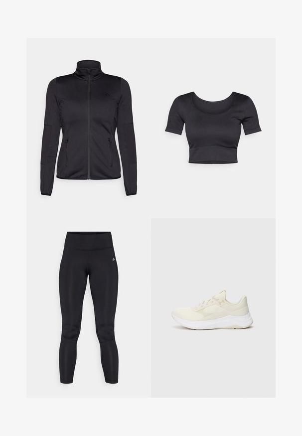 Melns zip-up jakas ar augstu apkakli, izgatavota no gludas, elastīgas auduma, ar divām kabatām priekšpusē ar rāvējslēdzējiem un teksturētām piedurknēm.; Melnas ribotas īsās piedurknes apgrieztais tops ar plašu apaļu dekoltē un pieguļošu joslu apakšā. Maiga tekstūra, ikdienišķs dizains.; Melnas legingas ar gludu, elastīgu materiālu, augstu jostasvietu un plakaniem šuvēm. Nav redzami raksti vai metāla detaļas.; Gaišas sporta apavi, kas izgatavoti no sietveida un sintētiskiem materiāliem, ar teksturētu augšdaļu, mīkstu zoli un nelielu zīmolu logo.
