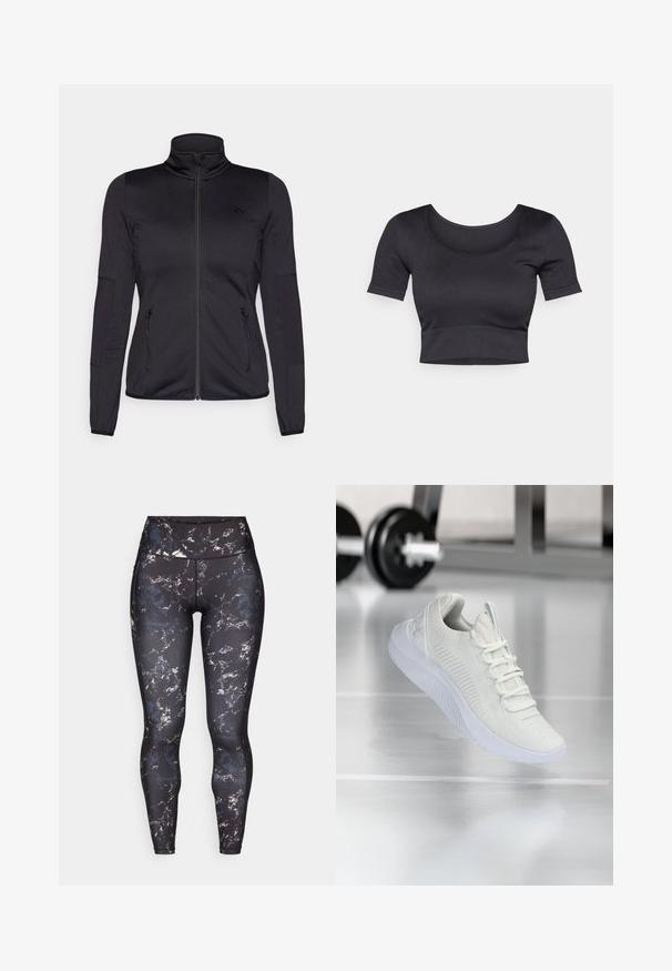 Must ehk üles tõmmatav jakk, millel on kõrge krae, valmistatud siledast ja venivast kangast, millel on kaks lukuga esikotid ja tekstureeritud varrukad.; Must have rõngaste ja lühikeste varrukatega must ribakujundusega topsi, millel on lai ümar dekoltee ja madal vöökoht. Pehme tekstuur, juhuslik disain.; Kõrgema vöökohaga retuusid mustal alusel, millel on tuhmid värvid sisaldav marmorimuster. Sile, elastne materjal, millel on kontrastõmblused ja nähtamatut riistu ei ole.; Valge sportlik tennis, millel on tekstureeritud võrkkangas ülemine osa ja nööbilukusüsteem, millel on pehme valge tall ning delikaatsed ribalised aksendid.