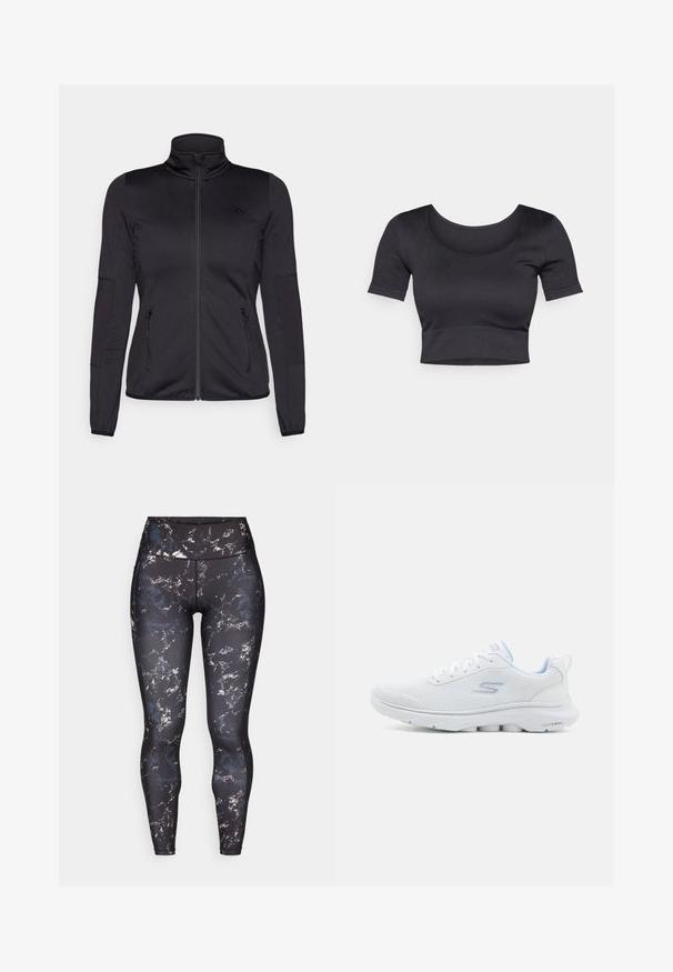 Crna jakna s patentnim zatvaračem i visokim ovratnikom, napravljena od glatkog, rastezljivog materijala, s dva prednja džepa na patentni zatvarač i teksturiranim rukavima.; Crna rebrasta kratka majica s kratkim rukavima, širokim okruglim izrezom i pripijenim pojasom na dnu. Mekana tekstura, ležeran dizajn.; Visoke tajice na crnoj podlozi s mramornim uzorkom u prigušenim bojama. Glatkasti, rastezljivi materijal s kontrastnim šavovima i bez vidljive hardverske opreme.; Bijela sportska cipela s prozračnom mrežastom gornjištem, svijetloplavi naglasci i obloženi potplat s teksturiranim uzorkom za bolje prianjanje.