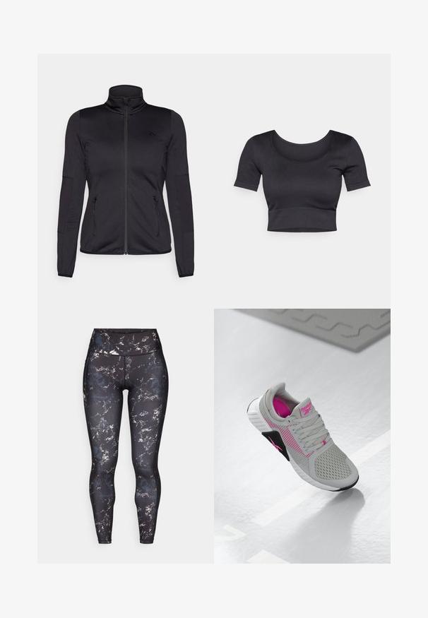Giacca zip-up nera con colletto alto, realizzata in un tessuto liscio e elasticizzato, dotata di due tasche frontali con zip e maniche strutturate.; Top corto a coste nero con maniche corte, scollatura rotonda ampia e fascia aderente nella parte inferiore. Tessuto morbido, design informale.; Leggings a vita alta con una base nera e un motivo marmorizzato in colori tenui. Materiale liscio ed elastico con cuciture a contrasto e senza hardware visibile.; Sneaker atletica Reebok grigia e rosa con tomaia in mesh e suola dettagliata, esposta su una superficie bianca riflettente.