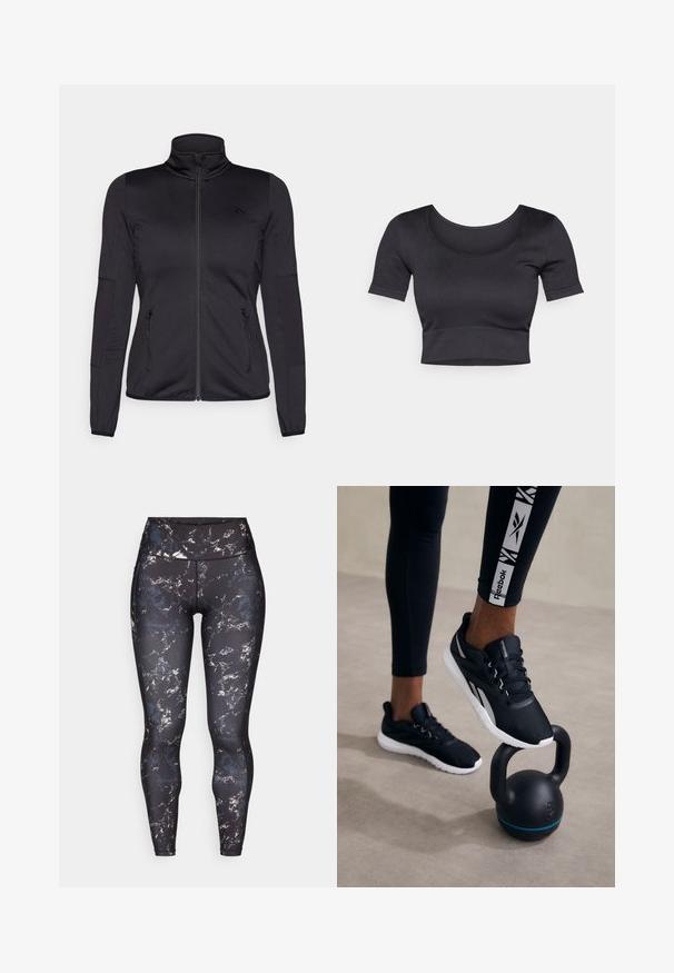 Schwarze Zip-Jacke mit hohem Kragen, gefertigt aus glattem, dehnbarem Material, mit zwei vorderen Reißverschlusstaschen und strukturierten Ärmeln.; Schwarzes, geripptes, kurzes Top mit kurzen Ärmeln, weitem Rundhalsausschnitt und einem enganliegenden Bund am unteren Ende. Weicher Stoff, lässiges Design.; Hochtaillierte Leggings mit schwarzem Grund und einem marmorierten Muster in gedämpften Farben. Glattes, elastisches Material mit Kontrastnähten und ohne sichtbare Beschläge.; Schwarze Sportschuhe mit strukturiertem Obermaterial, weißen Sohlen und grauen Akzenten, positioniert auf einer schwarzen Kettlebell mit einem blauen Streifen, vor einem neutralen Hintergrund.